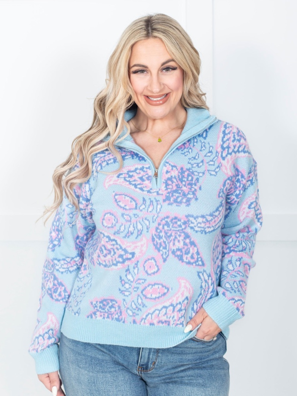 Light Blue Paisley Half-Zip Pullover Sweater